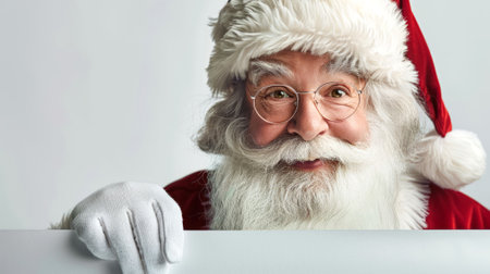 Santa Claus in red suit and gloves holding blank sign. Concept of Christmas, holiday season, winter...