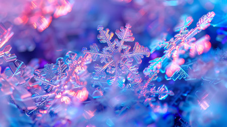 Abstract Background with Neon Holographic Snowflakes in Vibrant Colors. Concept of Winter Beauty, Festive Atmosphere, Dynamic Design, Glittering Patterns.の写真素材