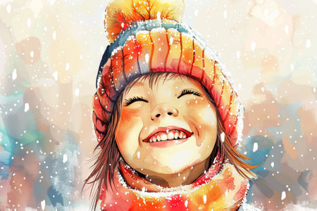 Happy Child in Winter Attire Smiling Amidst Falling Snowflakes in Watercolor Art. Concept of Joyful Childhood, Winter Fun, and Bright Colors. Copy space.の写真素材