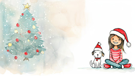 Cute Watercolor Illustration of a Smiling Girl with Dog in Santa Hat by Christmas Tree Concept of Holiday Joy Friendship and Festive Season. Copy space.の写真素材