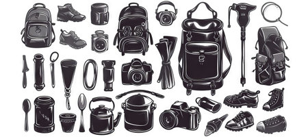 Black and White Collection of Camping Gear Illustrations Featuring Backpacks, Hiking Boots, and...