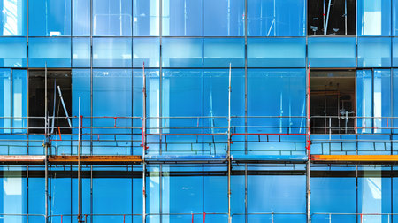 Modern Office Building Under Construction Featuring Glass Facade and Scaffolding Concept of Urban Development Architecture Progress. Concept of Urban Reconstruction, Structural Repair, Urban Renewal.の写真素材