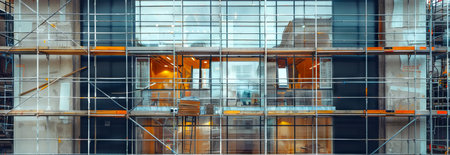 Modern Office Building Under Construction with Glass Facade and Scaffolding Illustrating Urban...