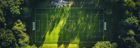 Aerial View of a Soccer Field Surrounded by Lush Green Forest. Concept of Sports, Outdoor...