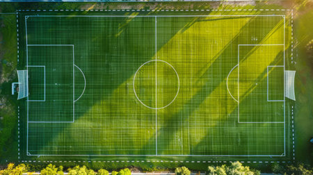Aerial View of a Lush Green Soccer Field in the Morning Sunlight. Concept of Sports Venue, Athletic Facility, Outdoor Recreation Area, and School Sports Field.の写真素材