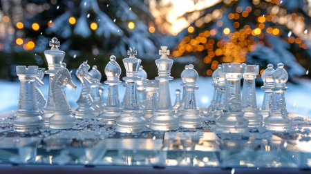 Elegant Ice Chess Set on Modern Outdoor Patio with Snowy Background and Twinkling Lights at Winter Sunset. Concept of Winter Serenity, Strategy Games Outdoors, Festive Ambiance.の写真素材