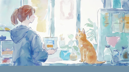 Watercolor Illustration of a Cat and Female Veterinarian in a Bright Clinic Setting. Concept of Animal Care, Veterinary Art, Pet Health, Human-Animal Interaction.の写真素材