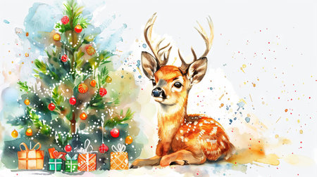 Watercolor Illustration of a Deer Fawn with Festive Christmas Tree and Gifts Concept of Holiday Spirit, Winter Wonder, Festivity, and Nature's Beauty.の写真素材