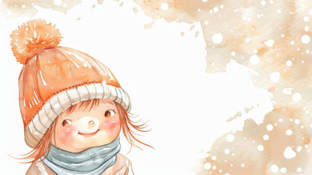 Watercolor Illustration of a Smiling Child in a Cozy Winter Hat and Scarf Concept of Winter Warmth Innocence and Joyful Childhood Moments. Copy space.の写真素材