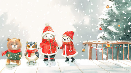 Festive Animals in Winter Wonderland: Cute Bear, Penguin, and Fox Friends Enjoying Snowy Christmas Scene in Art Illustration. Concept of Holiday Joy, Family Traditions, Festive Fun.の写真素材