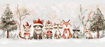 Watercolor Illustration of Adorable Forest Animals in Festive Winter Attire Surrounded by Snow and Decorated Trees. Concept of Christmas, Holiday Joy, Family Traditions, Festive Fun.の写真素材