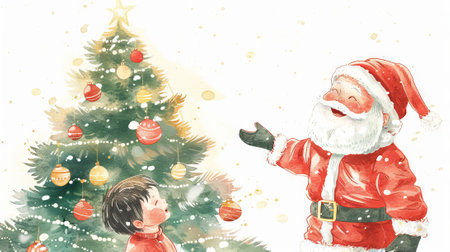 Charming Watercolor Illustration of Santa Claus and Asian Child by Christmas Tree Concept of Holiday Spirit Family Traditions and Childhood Joy.の写真素材