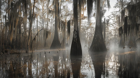 Tranquil Swamp Landscape with Majestic Cypress Trees Emerging from Misty Waters. Concept of Nature Serenity, Mystical Forests, Wetland Ecosystems, and Tranquility.の写真素材