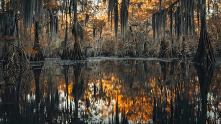 Serene Autumn Cypress Swamp Landscape with Reflective Waters, Capturing the Tranquility of Nature, Dense Forest, and Seasonal Beauty.の写真素材
