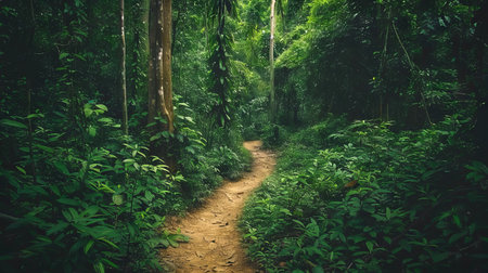 Serene Jungle Path Winding Through Lush Greenery and Tall Trees Conveys Peace and Exploration in...