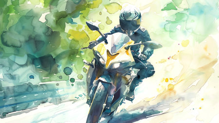 Watercolor Illustration of a Motorcyclist Riding Through a Vibrant Forest Scene. Concept of Adventure, Speed, Outdoor Exploration, and Freedom.の写真素材