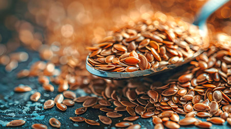 Close-Up of Spoonful of Flax Seeds on Textured Surface Highlighting Health and Nutrition Concepts.の写真素材