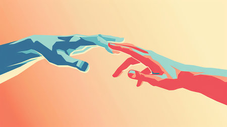 Colorful Abstract Art of Two Hands Reaching for Each Other, Concept of Connection, Unity, and Human Touch in Modern Illustration.の写真素材