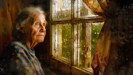 Elderly Caucasian Woman Looking Out Rainy Window in Vintage Setting Concept of Reflection Nostalgia...