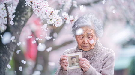 Elderly Asian Woman Holding a Photograph Amidst Cherry Blossom Petals Reflection on Memories,...