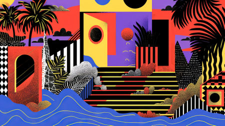 Vibrant Abstract Art of a Surreal Landscape with Bold Colors and Geometric Patterns, Concept of Creative Expression, Artistic Vision, and Modern Design. Background.の写真素材