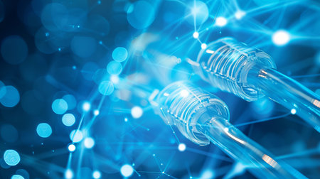 Minimalistic close-up of internet cables with glowing network connections. concept of digital...