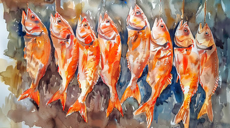 Watercolor illustration of dried fish hanging in a rustic setting. concept of traditional...