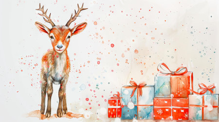 Watercolor illustration of goat surrounded by gift boxes with festive ribbons and splattered paint background. Concept of holiday celebrations, seasonal gifts.の写真素材