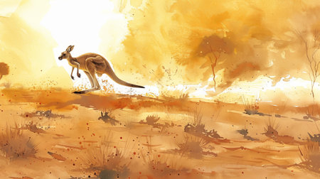 Kangaroo hopping in sunlit outback landscape. concept of australian wildlife, dynamic motion, natural habitat, watercolor illustration.の写真素材