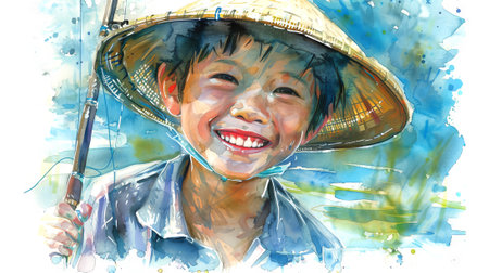 Joyful Asian child boy with fishing rod and straw hat in watercolor art. Concept of young fisher, childhood joy, outdoor activity, summer fun, playful innocence.の写真素材
