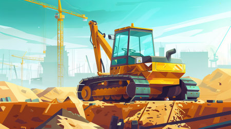Digital art of excavator on construction site, surrounded by cranes and unfinished structures....