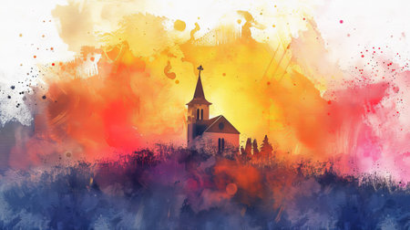 Watercolor church illustration at sunset with vibrant colors and artistic flair.の写真素材