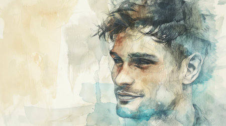 Watercolor Illustration of a Young European Man with Thoughtful Expression. Concept of Artistic Portraiture, Masculine Beauty, Ethereal Art. Gay man, LGBT.の写真素材