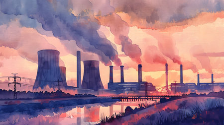 Watercolor Art of a Large Electric Power Plant at Sunset. Concept of Industrial Landscape, Environmental Impact, Energy Production, and Atmospheric Pollution.の写真素材