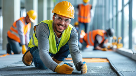 Smiling construction worker in hard hat kneeling while working on floor installation in modern building with Team members in background. Concept of teamwork, skilled labor, construction industry.の写真素材