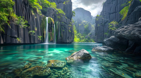 Serene Hidden Lagoon with Rugged Cliffs and Waterfalls Surrounded by Lush Greenery. Concept of...