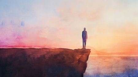 Solitary Figure on Cliff Overlooking Sunset Ocean Scene in Watercolor Art. Concept of Solitude, Reflection, Nature's Beauty, and Tranquilityの写真素材