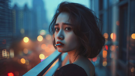 Pensive Sorrowful Asian Woman with Short Hair Smoking on a Balcony at Night. Concept of Urban Life,...