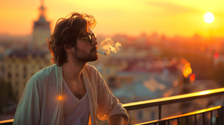 Stylish young man smoking on a balcony at sunset, wearing casual clothing and sunglasses Enjoying a Moment of Reflection. Concept of freedom, introspection, urban lifestyle, and evening relaxation.のeditorial素材