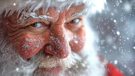Close-Up of Santa Claus with Twinkling Eye and Red Hat in Snowy Setting Concept of Festive Cheer, Holiday Spirit, Joyful Celebration, Christmas Tradition. Copy space.の写真素材