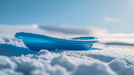 Minimalist Blue Plastic Sled on Snowy Terrain Under Clear Sky Concept of Winter Fun Outdoor Activities Simple Joy Freedom Exploration in Nature.の写真素材