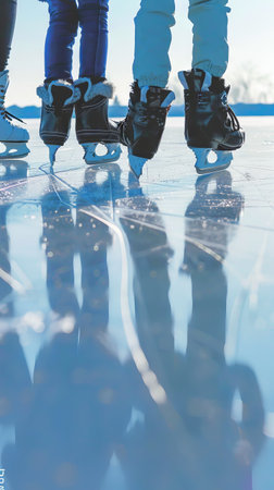 Family Ice Skating Together on a Sunny Winter Day Concept of Outdoor Fun, Family Bonding, Childhood Joy, and Seasonal Activities. Vertical.のeditorial素材