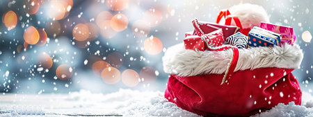 Vibrant Red Santa Claus Sack Amidst Snowflakes and Bokeh Lights. Concept of Holiday Spirit, Christmas Celebration, Festive Joy, Winter Magic. Banner. Christmas background with copy space.の写真素材
