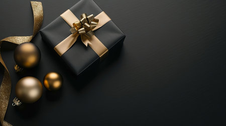 Elegant Black Gift Box with Gold Ribbon and Ornaments on Dark Textured Background Concept of Luxury Celebration Holiday Gifting Festive Decoration. Copy space.の写真素材