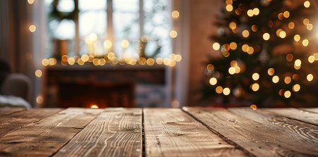 Rustic Empty Wooden Table in Cozy Room with Fireplace and Christmas Tree Lights. Copy space. Concept of Holiday Warmth, Festive Home Decor, Seasonal Ambiance. Mockup for product presentation.の写真素材