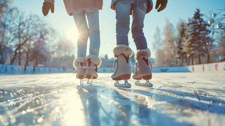 Children Ice Skating on a Winter Day in the Park Sunlit. Concept of Family Bonding, Seasonal Outdoor Fun, Childhood Memories.の写真素材