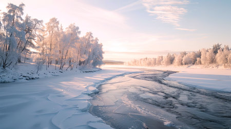 Scenic Winter Landscape Featuring a Frozen River in a Serene Snow-Covered Forest Perfect for Capturing the Beauty of Nature's Calmness and Tranquility.の写真素材