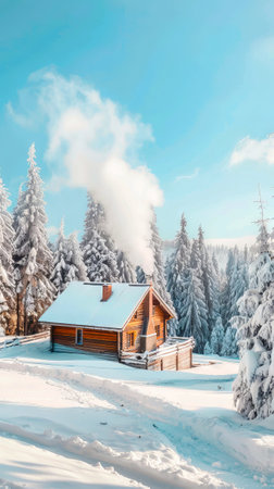 Snow-Covered Cabin in a Serene Winter Landscape with Tall Pine Trees and Clear Blue Sky Concept of Tranquil Winter Retreat, Cozy Mountain Hideaway, and Natural Beauty. Vertical.の写真素材