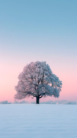 Majestic Winter Tree in Serene Snowy Field at Sunset, Concept of Peaceful Nature, Solitude, Tranquil Winter Landscape, and Natural Beauty. Vertical.の写真素材