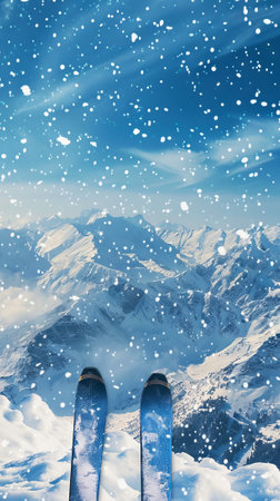 Pair of Skis Against Majestic Snowy Mountain Peaks Under a Clear Blue Sky. Concept of Winter Adventure, Alpine Exploration, Thrilling Outdoor Sports, and Peaceful Mountain Scenery. Vertical.の写真素材